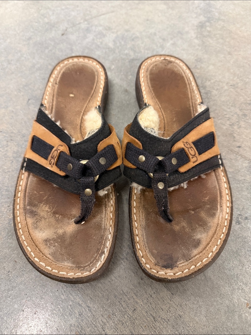 UGG Brown and Black Suede Shearling Toe-Post Sandals